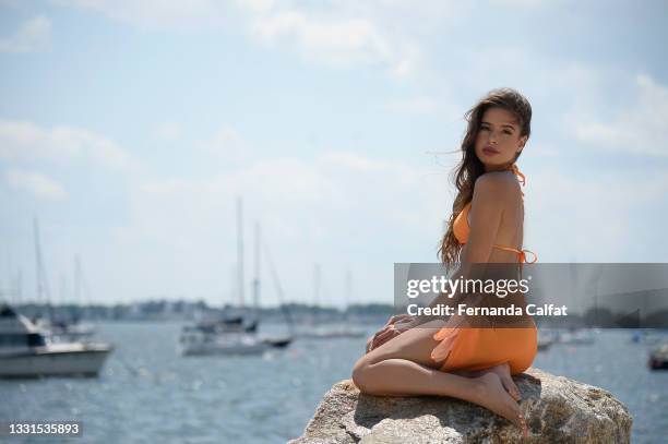 Singer Emilia Pedersen poses for photos on the set of her music video on July 30, 2021 in New York City.