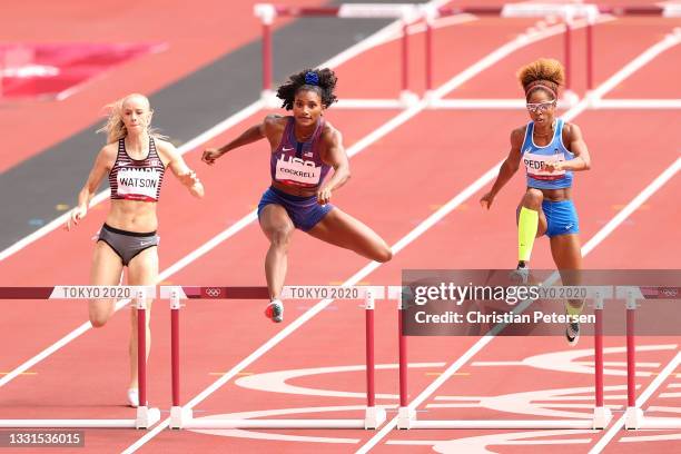 Anna Cockrell of Team United States competes against Sage Watson of Team Canada and Yadisleidis Pedroso of Team Italy in the Women's 400m Hurdles...