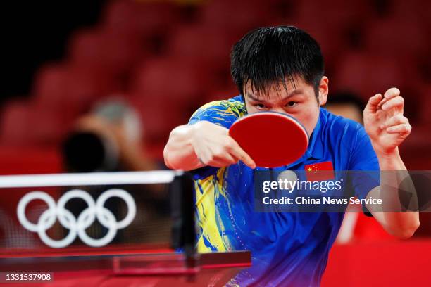 Fan Zhendong of Team China competes against Ma Long of Team China during the Men's Table Tennis Singles Final match on day seven of the Tokyo 2020...