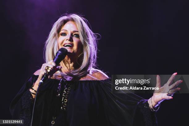 Welsh singer Bonnie Tyler performs on stage at Push Play music festival at Hipodromo de Madrid on July 30, 2021 in Madrid, Spain.
