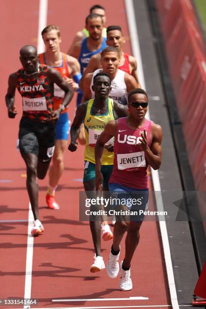 Isaiah Jewett of Team United States and Peter Bol of Team Australia compete in round one of the Men's 800m heats on day eight of the Tokyo 2020...