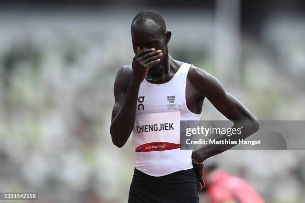 James Nyang Chiengjiek of Refugee Olympic Team reacts after competing in round one of the Men's 800m heats on day eight of the Tokyo 2020 Olympic...