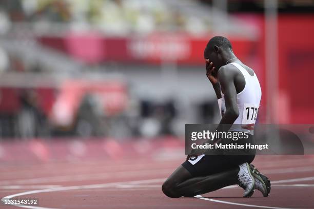 James Nyang Chiengjiek of Refugee Olympic Team reacts after competing in round one of the Men's 800m heats on day eight of the Tokyo 2020 Olympic...