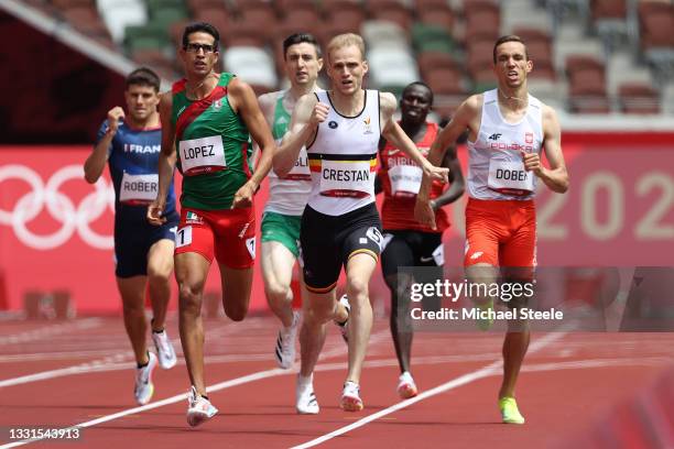 Jesus Tonatiu Lopez of Team Mexico, Eliott Crestan of Team Belgium and Patryk Dobek of Team Poland compete in round one of the Men's 800m heats on...