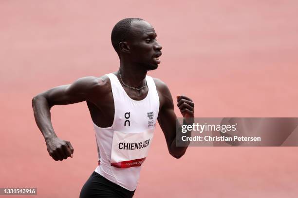 James Nyang Chiengjiek of Refugee Olympic Team competes in round one of the Men's 800m heats on day eight of the Tokyo 2020 Olympic Games at Olympic...
