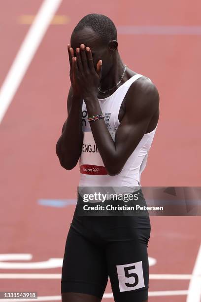 James Nyang Chiengjiek of Refugee Olympic Team reacts after competing in round one of the Men's 800m heats on day eight of the Tokyo 2020 Olympic...