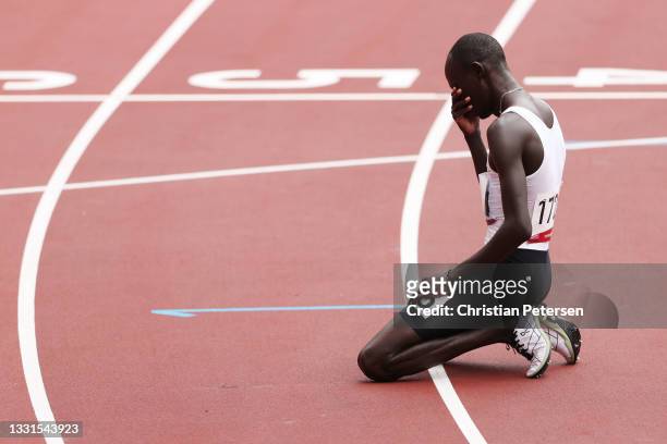 James Nyang Chiengjiek of Refugee Olympic Team reacts after competing in round one of the Men's 800m heats on day eight of the Tokyo 2020 Olympic...
