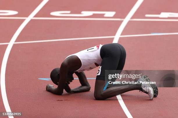 James Nyang Chiengjiek of Refugee Olympic Team reacts after competing in round one of the Men's 800m heats on day eight of the Tokyo 2020 Olympic...