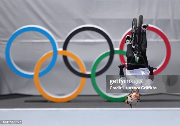 Minato Oike of Team Japan jumps during the Women's BMX Freestyle seeding event, run 2 on day eight of the Tokyo 2020 Olympic Games at Ariake Urban...