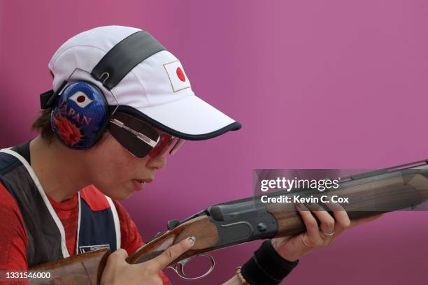 Yukie Nakayama of Team Japan competes in Trap Mixed Team Qualification on day eight of the Tokyo 2020 Olympic Games at Asaka Shooting Range on July...