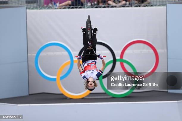 Charlotte Worthington of Team Great Britain jumps during the Women's BMX Freestyle seeding event, run 2 on day eight of the Tokyo 2020 Olympic Games...