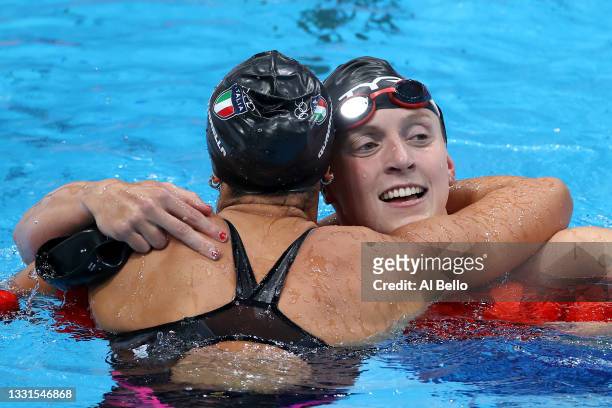 Katie Ledecky of Team United States is congratulated by Simona Quadarella of Team Italy after winning gold in the Women's 800m Freestyle Final at...
