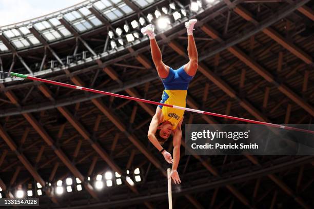 Armand Duplantis of Team Sweden competes in the Men's Pole Vault Qualification on day eight of the Tokyo 2020 Olympic Games at Olympic Stadium on...