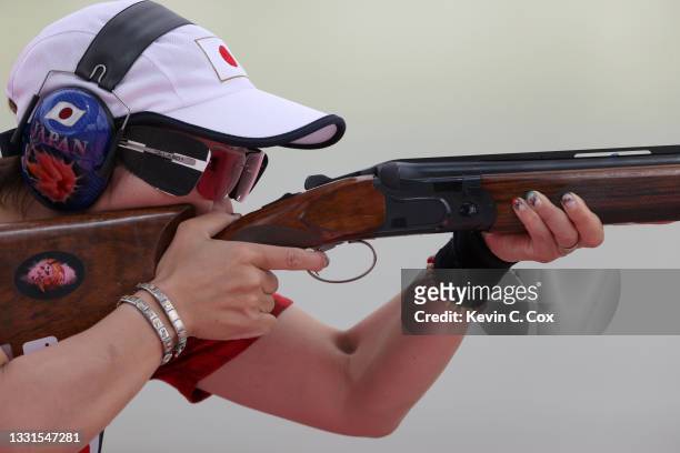 Yukie Nakayama of Team Japan competes in Trap Mixed Team Qualification on day eight of the Tokyo 2020 Olympic Games at Asaka Shooting Range on July...