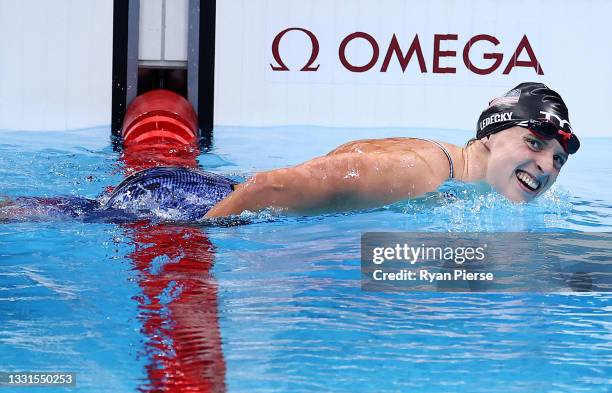 Katie Ledecky of Team United States looks on after winning the gold medal in the Women's 800m Freestyle Final at Tokyo Aquatics Centre on July 31,...