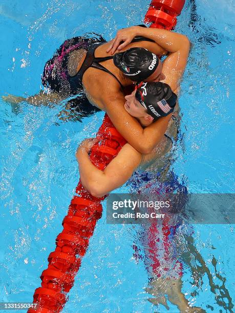 Bronze medalist Simona Quadarella of Team Italy congratulates gold medalist Katie Ledecky of Team United States after competing in the Women's 800m...