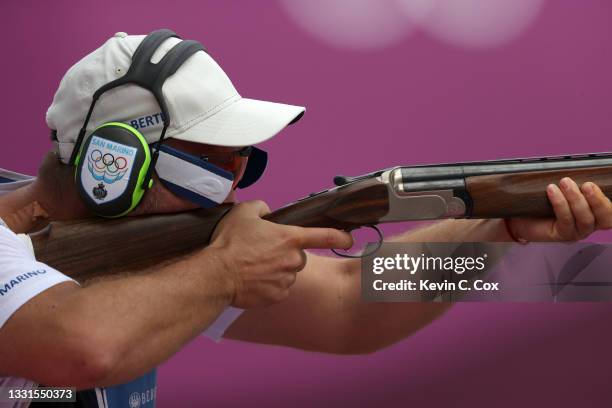 Gian Marco Berti of Team San Marino competes in Trap Mixed Team Qualification on day eight of the Tokyo 2020 Olympic Games at Asaka Shooting Range on...