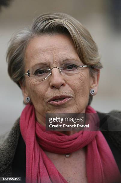France's Foreign Affairs Minister Michele Alliot-Marie speaks to the media as she leaves the weekly cabinet meeting at Elysee Palace on February 2,...