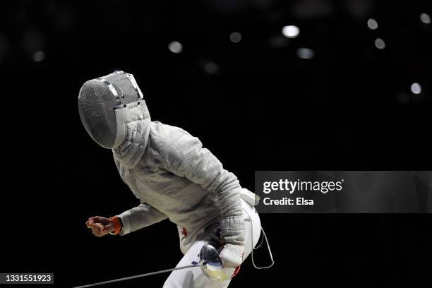 Jiyeon Kim of Team South Korea celebrates a point during her bout against Renata Katona of Team Hungary in Women's Sabre Fencing Team Quarterfinal on...