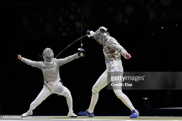 Renata Katona of Team Hungary, right, competes against Jiyeon Kim of Team South Korea in Women's Sabre Fencing Team Quarterfinal on day eight of the...