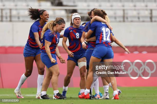 Team France celebrate defeating Team Great Britain in the Women’s Semi Final match between Team Great Britain and Team France during the Rugby Sevens...