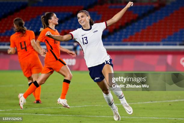 Morgan Alex of United States celebrates but no goal judged by VAR during the Women's Quarter Final match between Netherlands and United States on day...