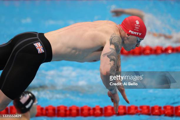 Adam Peaty of Team Great Britain competes in the Mixed 4 x 100m Medley Relay Final at Tokyo Aquatics Centre on July 31, 2021 in Tokyo, Japan.