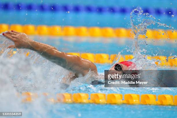 Anna Hopkin of Team Great Britain competes in the Mixed 4 x 100m Medley Relay Final at Tokyo Aquatics Centre on July 31, 2021 in Tokyo, Japan.