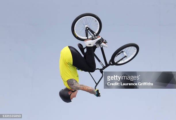Logan Martin of Australia performs a blackflip during the Men's BMX Freestyle seeding event, run 2 on day eight of the Tokyo 2020 Olympic Games at...