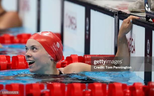 Anna Hopkin of Team Great Britain reacts after winning the gold medal in the Mixed 4 x 100m Medley Relay Final at Tokyo Aquatics Centre on July 31,...