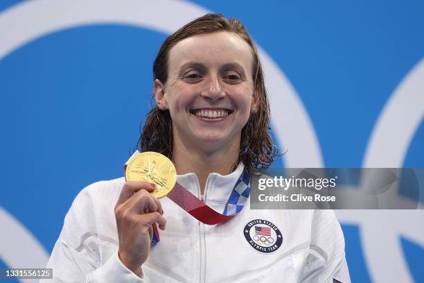 Gold medalist Katie Ledecky of Team United States poses during the medal ceremony for the Women’s 800m Freestyle Final at Tokyo Aquatics Centre on...