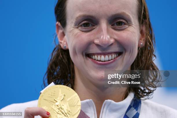 Gold medalist Katie Ledecky of Team United States poses during the medal ceremony for the Women’s 800m Freestyle Final at Tokyo Aquatics Centre on...