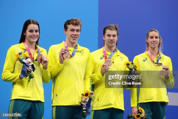 Bronze medalists Kaylee McKeown, Zac Stubblety-Cook, Matthew Temple and Emma McKeon of Team Australia pose during the medal ceremony for the Mixed 4...