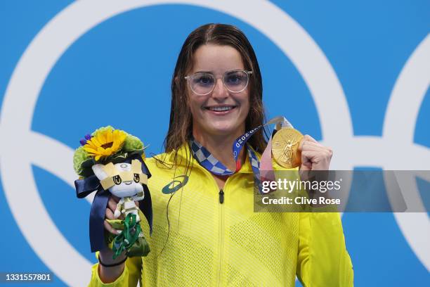 Gold medalist Kaylee McKeown of Team Australia poses on the podium during the medal ceremony for the Women's 200m Backstroke Final at Tokyo Aquatics...