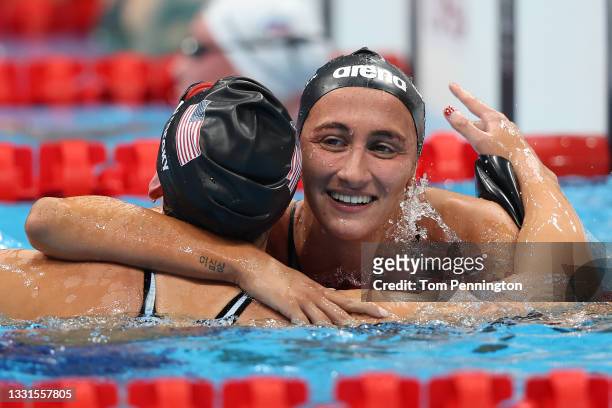 Bronze medalist Simona Quadarella of Team Italy congratulates gold medalist Katie Ledecky of Team United States after competing in the Women's 800m...