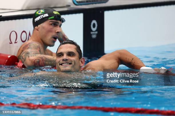 Florent Manaudou of Team France reacts after competing in the first Semifinal of the Men's 50m Freestyle at Tokyo Aquatics Centre on July 31, 2021 in...