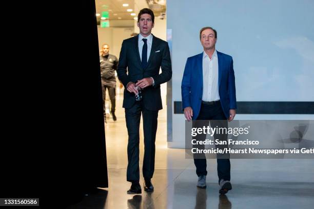 From left: Golden State Warriors general manager Bob Myers and Warriors majority owner Joe Lacob at Chase Center, Friday, July 30 in San Francisco,...