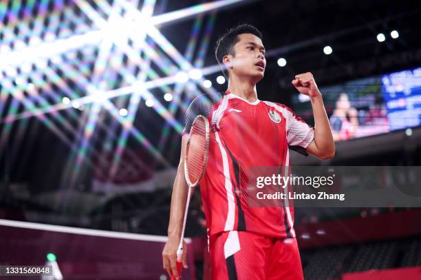 Anthony Sinisuka Ginting of Team Indonesia reacts as he competes against Anders Antonsen of Team Denmark during a Men's Singles Quarterfinal match on...