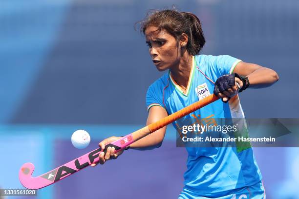 Vandana Katariya of Team India controls the ball during the Women's Preliminary Pool A match between India and South Africa on day eight of the Tokyo...