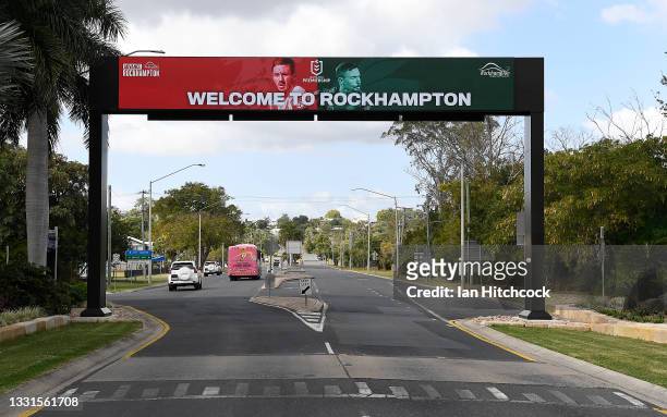 Welcome signage for the Dragons and Rabbitohs is seen at the Rockhampton airport during the round 20 NRL match between the St George Illawarra...