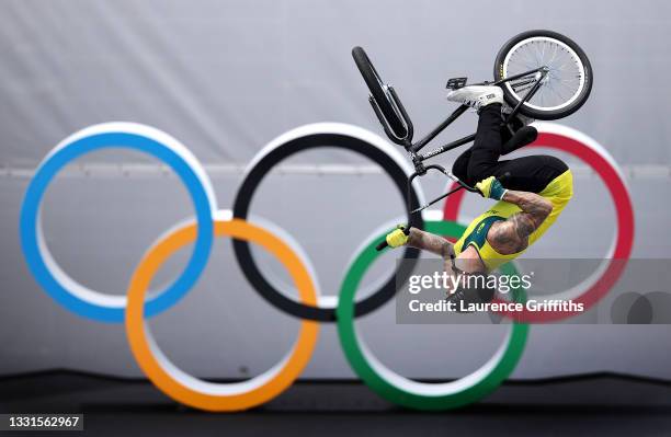 Logan Martin of Australia in action in front of the Olympic rings logo during the Men's BMX Freestyle seeding event on day eight on day eight of the...