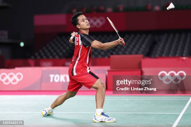Anthony Sinisuka Ginting of Team Indonesia competes against Anders Antonsen of Team Denmark during a Men's Singles Quarterfinal match on day eight of...