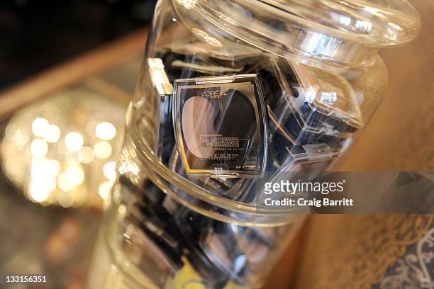 Oreal products are displayed at the EXTRA Luxury Lounge In Honor Of 83rd Annual Academy Awards day 1 held at the Four Seasons Hotel Los Angeles at...