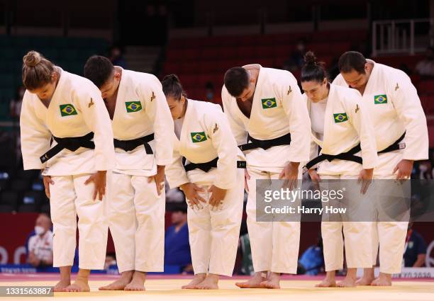 Team Brazil bow as they prepare to face Team Netherlands during the Mixed Team Quarter Final on day eight of the Tokyo 2020 Olympic Games at Nippon...