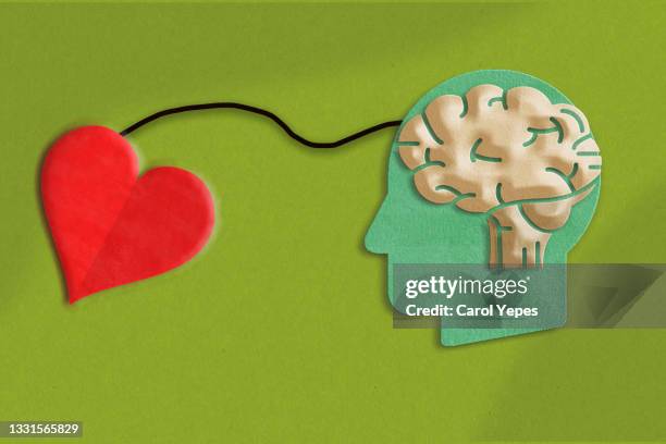 brain and red heart connected.emotional intelligence concept in paper cut in green background - emotional intelligence stockfoto's en -beelden