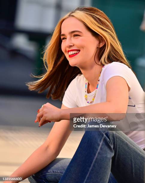Zoey Deutch is seen on the set of "Not Okay" in Tribeca on July 30, 2021 in New York City.