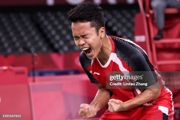 Anthony Sinisuka Ginting of Team Indonesia celebrates as he wins against Anders Antonsen of Team Denmark during a Men's Singles Quarterfinal match on...