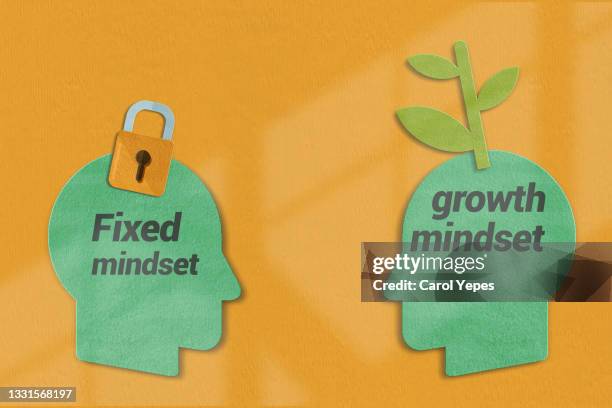 growth mindset vs fixed mindset concept in paperwork - atitude stock pictures, royalty-free photos & images