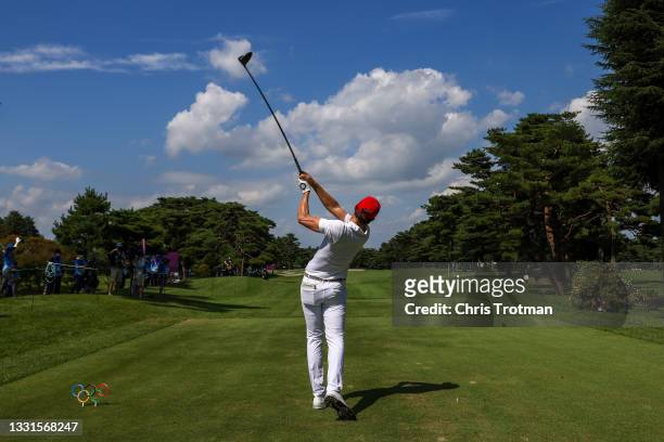 Carlos Ortiz of Team Mexico plays his shot from the 13th tee during the third round of the Men's Individual Stroke Play on day eight of the Tokyo...