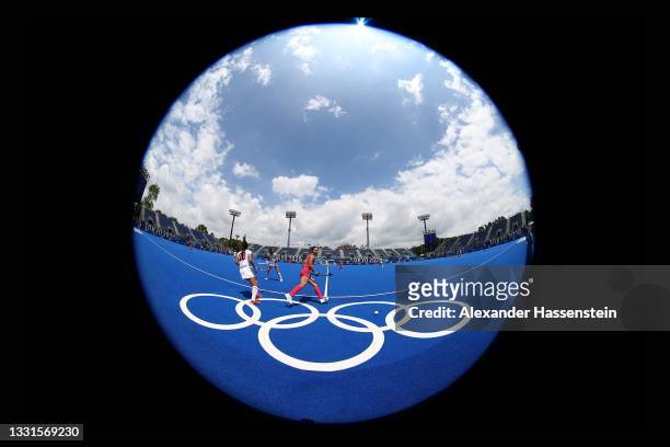 Xantal Gine Patsi of Team Spain battles for the ball with Mai Toriyama of Team Japan during the Women's Preliminary Pool B match between Japan and...
